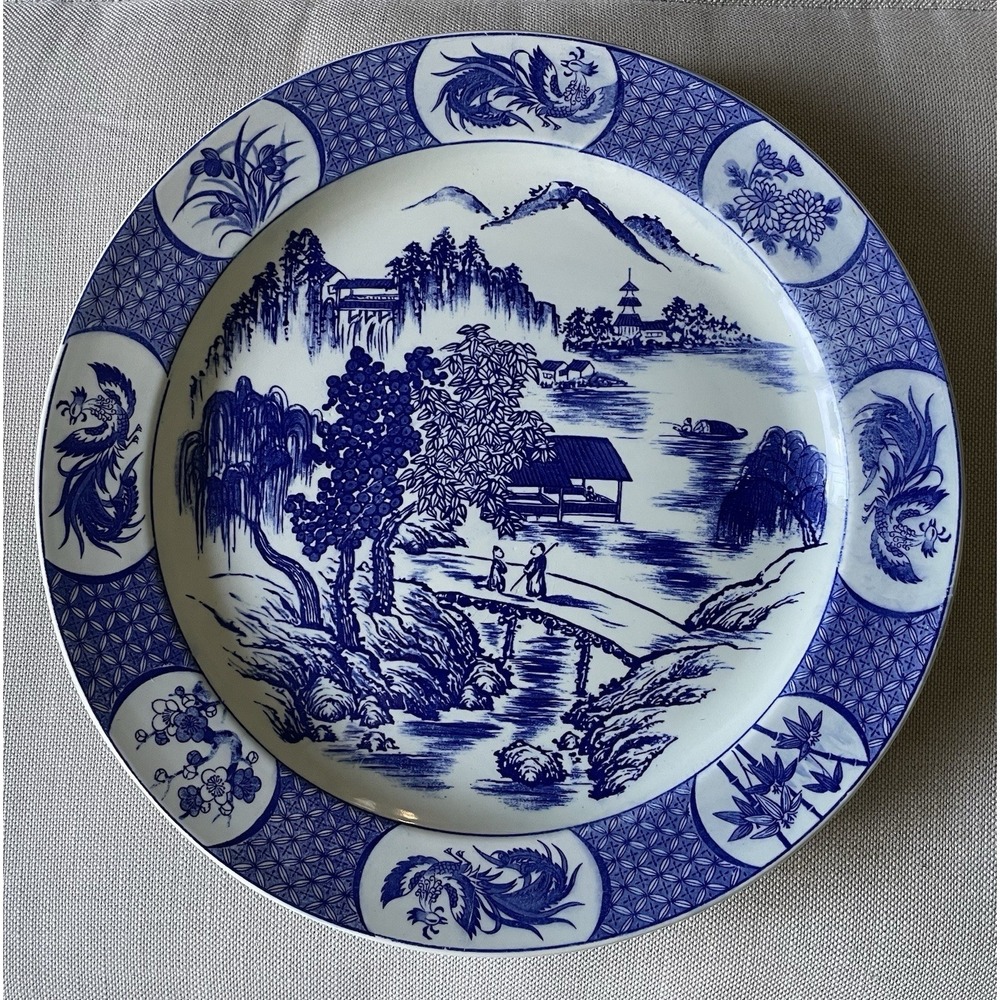 VTG Japanese Blue White Large Round Platter Folk Scene Bridge Sea Phoenix 16"